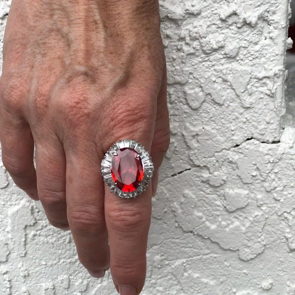 Red Oval Cocktail Ring with Clear Halo Accent